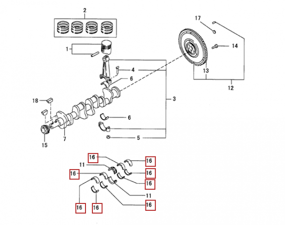 Вкладыш коренной (0,25) (1шт - 1 половинка) для двигателей  K15,K21,K25