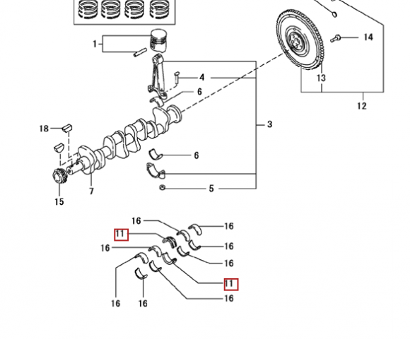 Вкладыш коренной  центральный 0,25 (1шт - 1 половинка) для двигателей  K15,K21,K25